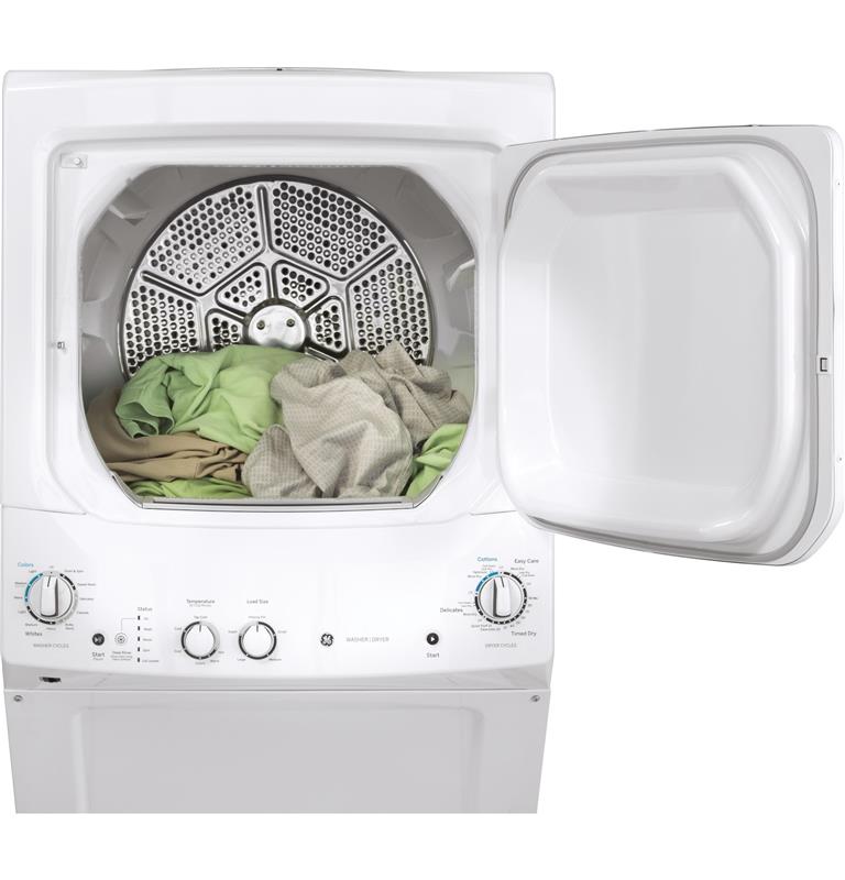 GE Unitized Spacemaker(R) 3.8 cu. ft. Capacity Washer with Stainless Steel Basket and 5.9 cu. ft. Capacity Gas Dryer-(GUD27GSSMWW)