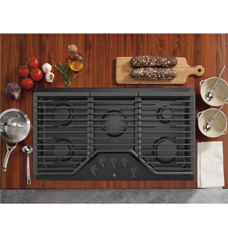 GE(R) 36" Built-In Gas Cooktop with 5 Burners and Dishwasher Safe Grates-(JGP5036DLBB)