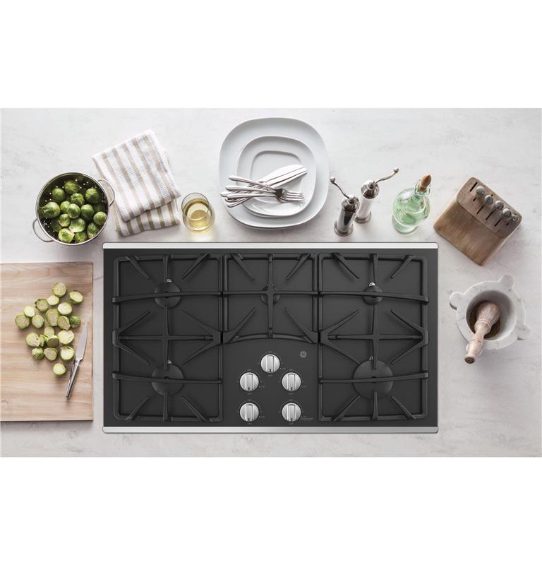 GE(R) 36" Built-In Gas on Glass Cooktop with 5 Burners and Dishwasher Safe Grates-(JGP5536SLSS)