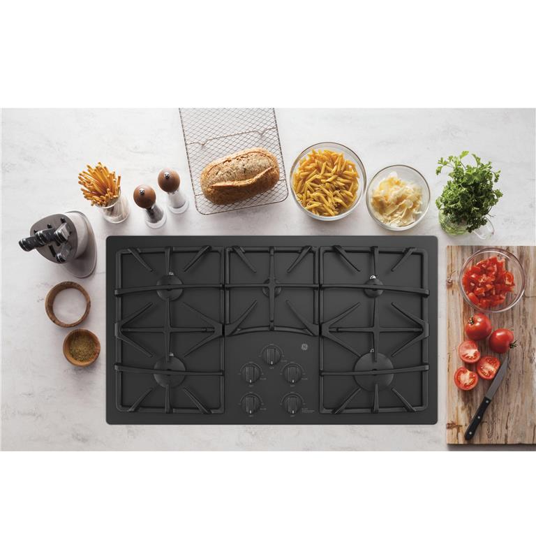 GE(R) 36" Built-In Gas on Glass Cooktop with 5 Burners and Dishwasher Safe Grates-(JGP5536DLBB)