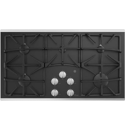 GE(R) 36" Built-In Gas on Glass Cooktop with 5 Burners and Dishwasher Safe Grates-(JGP5536SLSS)