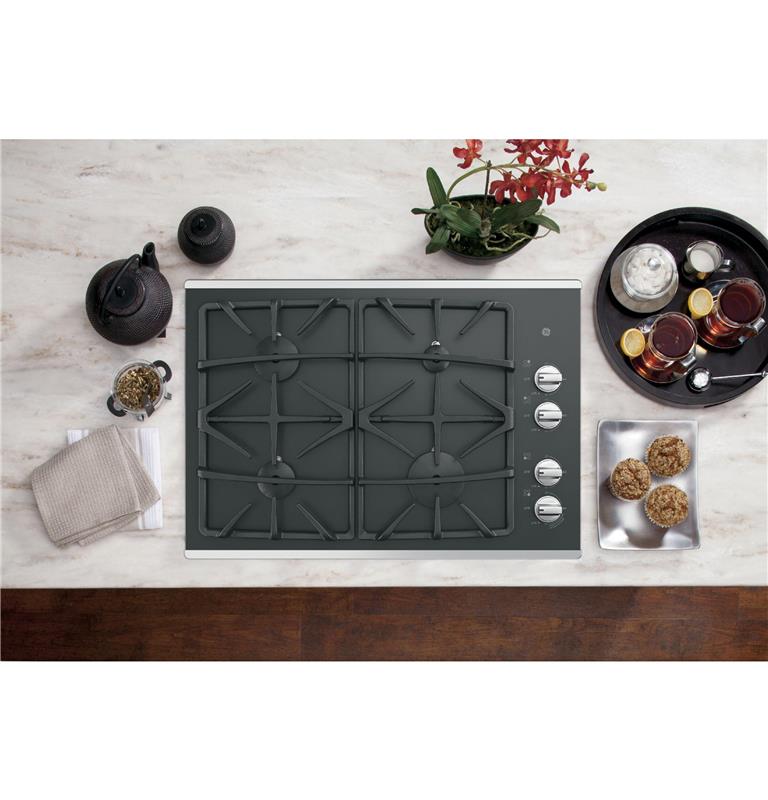 GE(R) 30" Built-In Gas on Glass Cooktop with Dishwasher Safe Grates-(JGP5530SLSS)